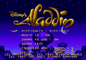 Activate the cheat menu by entering a special code in the options screen Aladdin options menu screen
