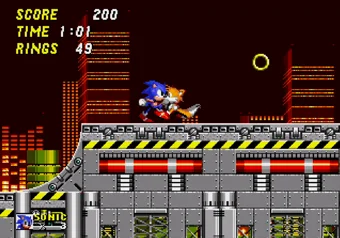 Sonic transforming into Super Sonic after collecting 50 rings. Sonic speeding through Chemical Plant Zone