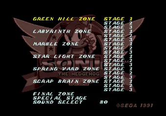 Sonic Level Select Level Select screen in Sonic the Hedgehog on SEGA Genesis