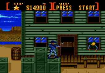 Press Up near saloon doors to grab hidden power-ups in Sunset Riders Player character next to a saloon door in Sunset Riders