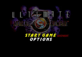 Title screen of Ultimate Mortal Kombat 3 showing activation of Cheat Mode with button sequence Main menu of Ultimate Mortal Kombat 3
