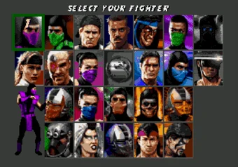 Character selection screen of Ultimate Mortal Kombat 3 with the activation of Random Select feature Character selection screen of Ultimate Mortal Kombat 3, showing various fighters available for selection